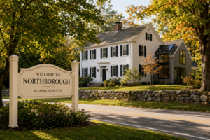 Welcome to Northborough, Massachusetts sign beside a historic New England home with a modern addition