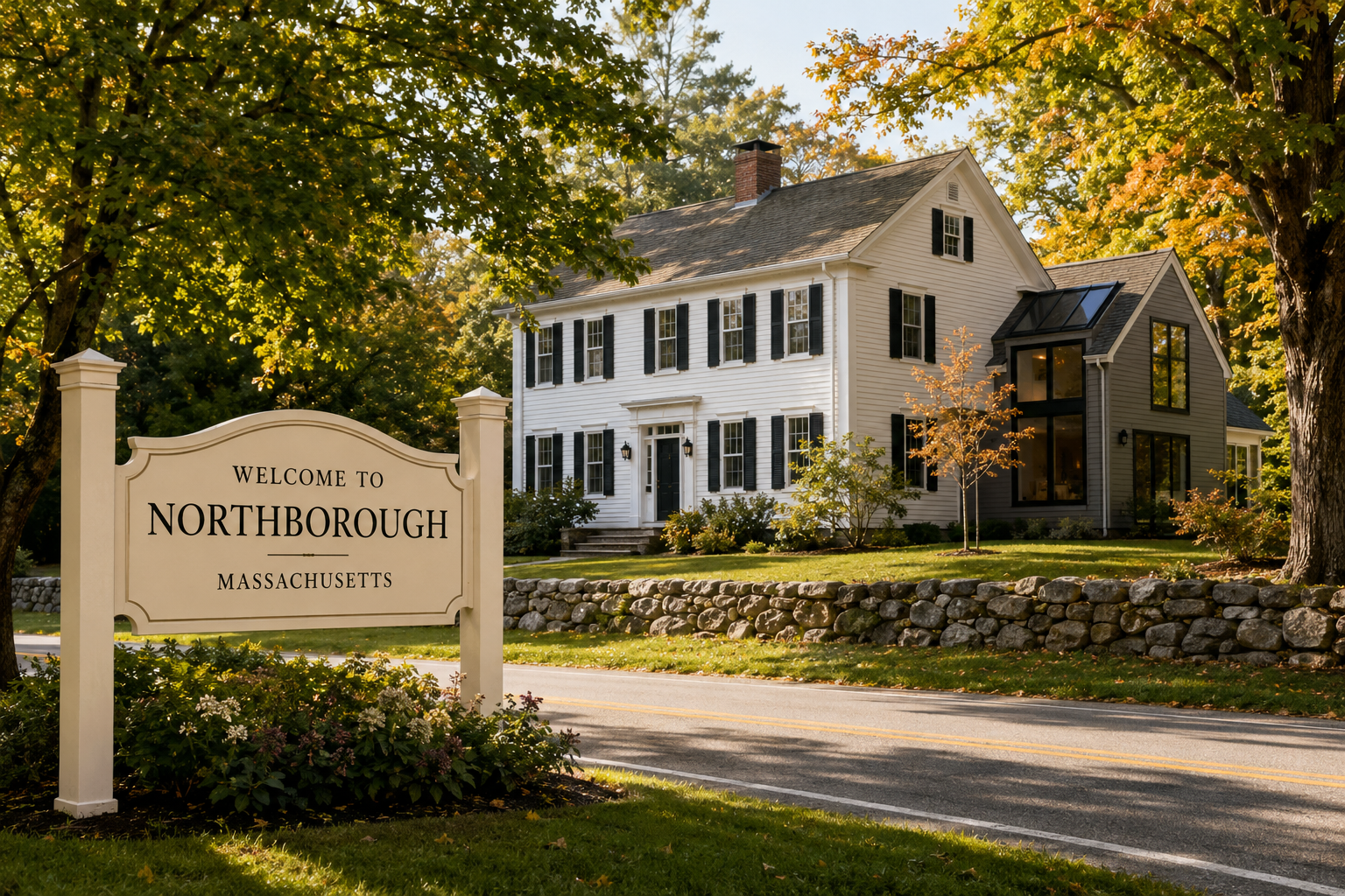 Welcome to Northborough, Massachusetts sign beside a historic New England home with a modern addition