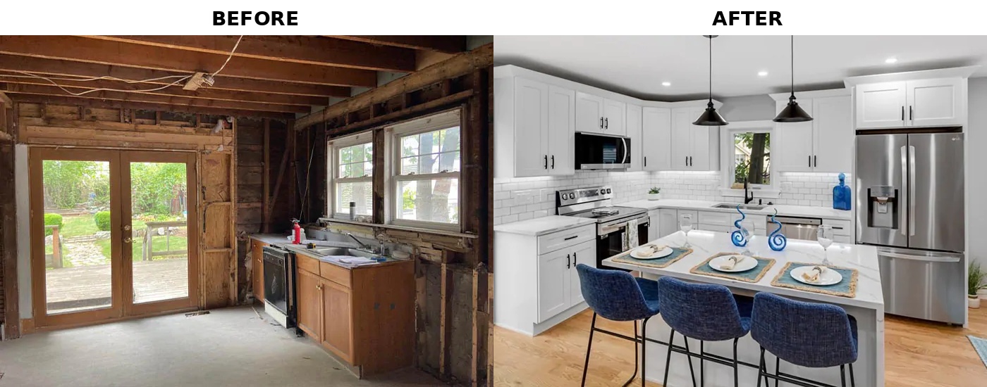 Before and after a Saugus kitchen remodel with updated white cabinetry