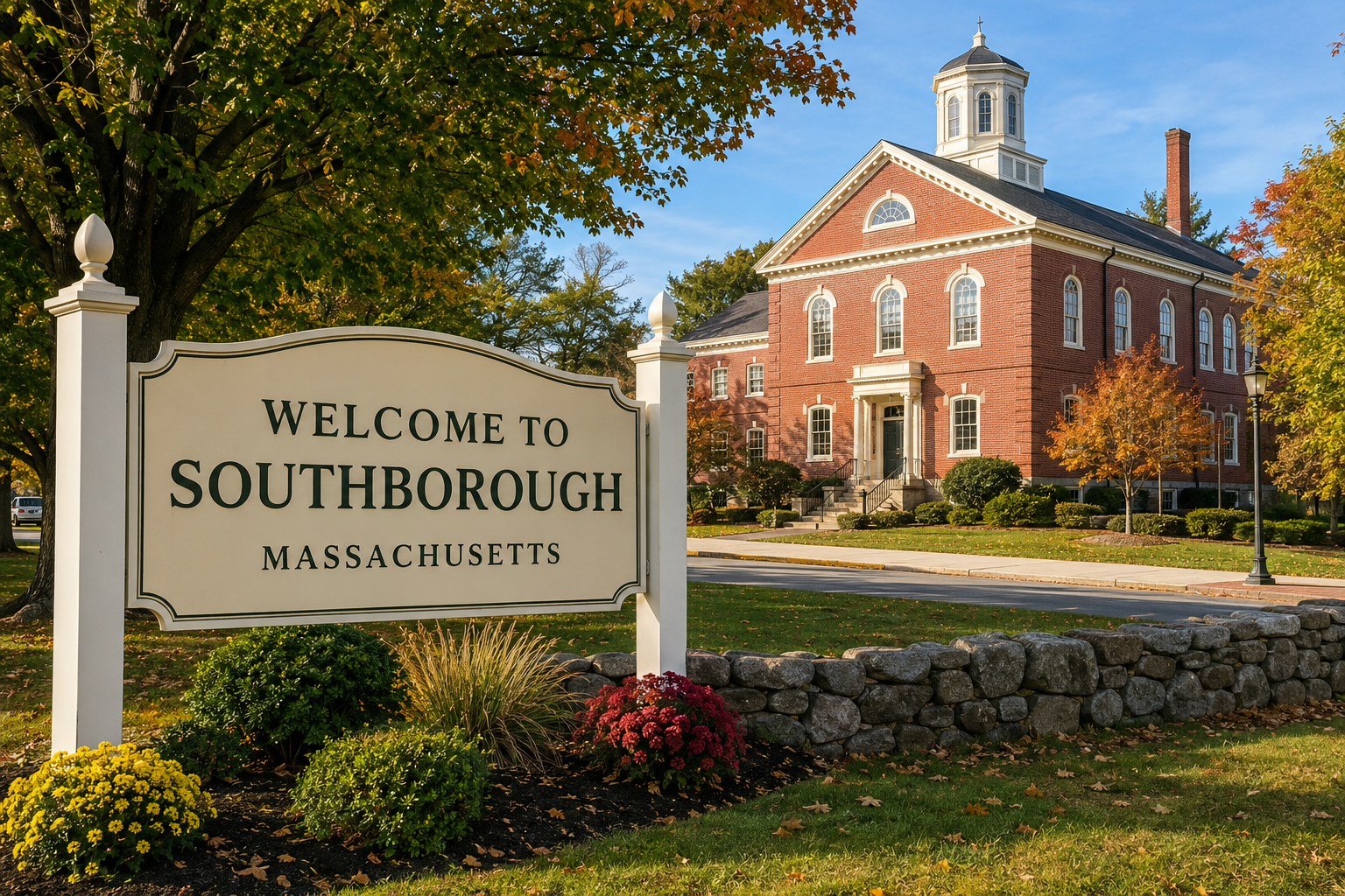 : Welcome to Southborough, Massachusetts sign near a historic brick New England building