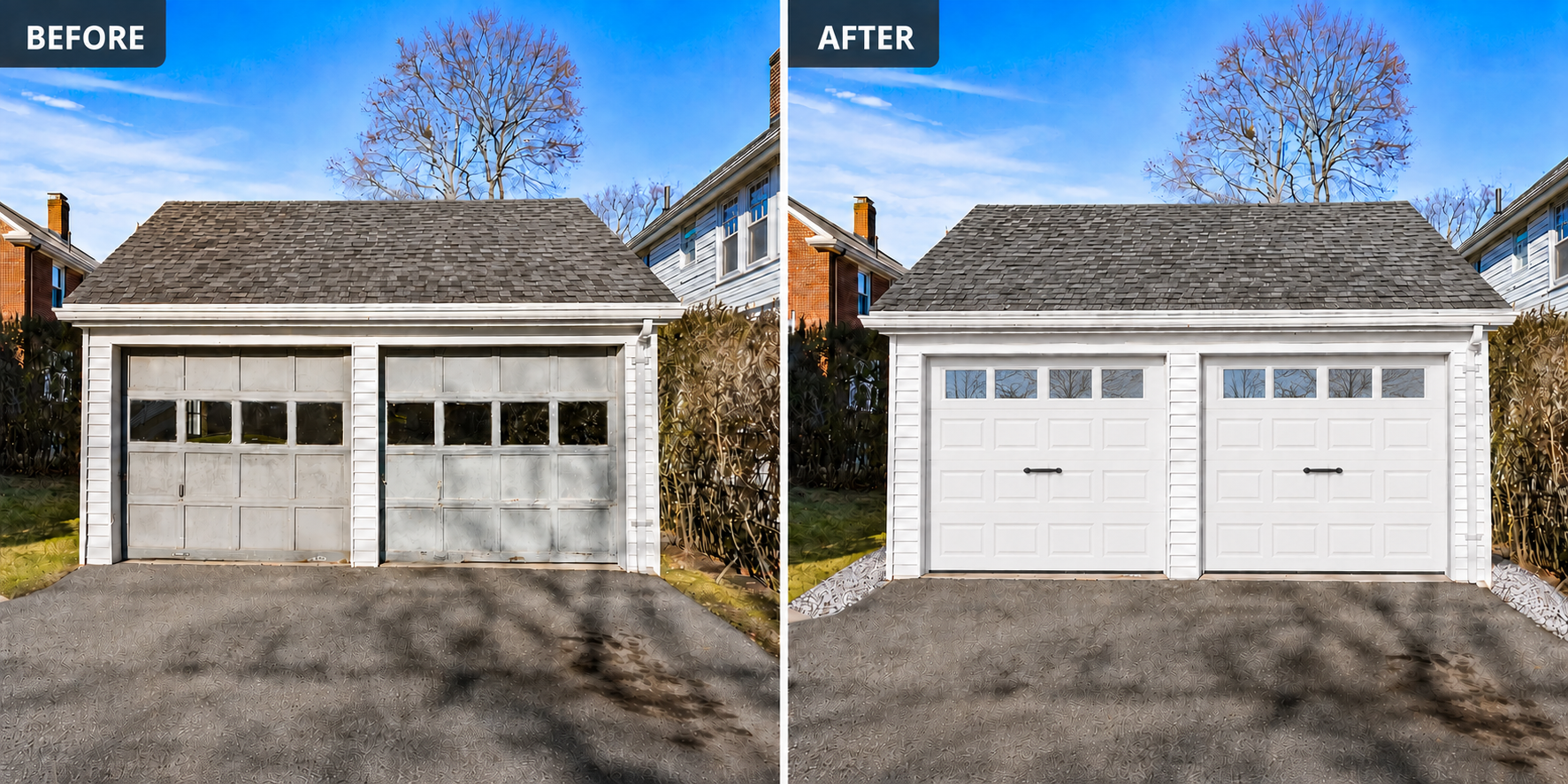 Before and after replacement of two garage doors with new white doors and reinforced framing in Arlington, MA