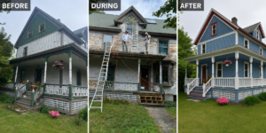 Before, during and after exterior painting and wood siding repair on a house in Acton, Massachusetts