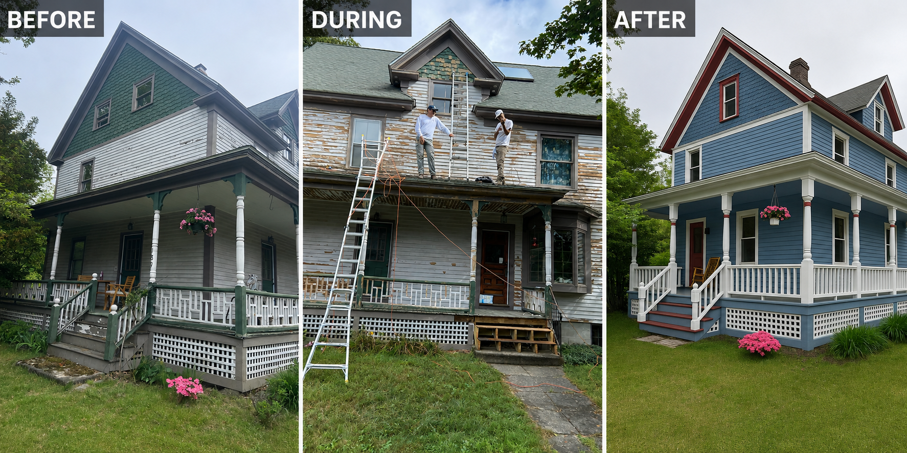 Before, during and after exterior painting and wood siding repair on a house in Acton, Massachusetts