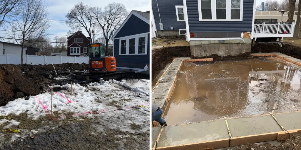 Residential addition progressing from site excavation to poured concrete footings