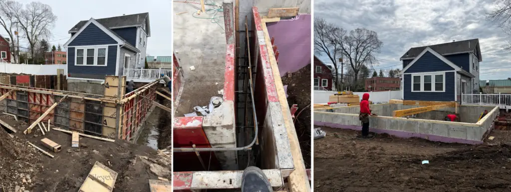 Foundation wall forms, reinforcing steel inspection and completed poured concrete walls