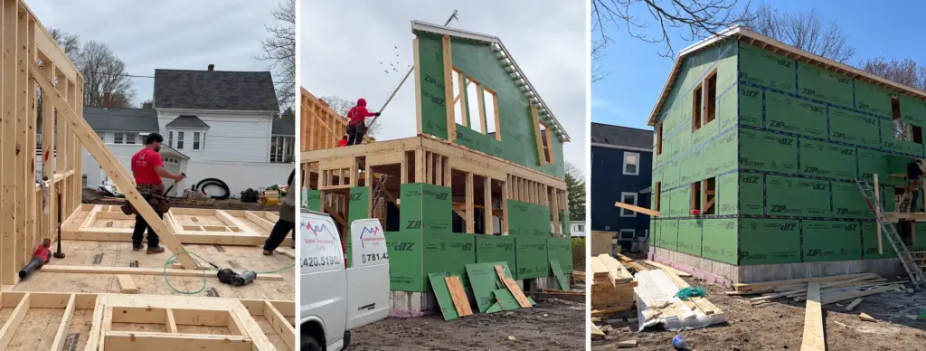 Residential addition progressing from wall framing to completed two-story structural framing and exterior sheathing
