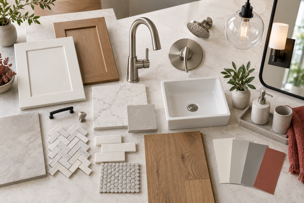 Homeowner-selected cabinets, countertops, tile, flooring, plumbing fixtures, lighting and finish materials