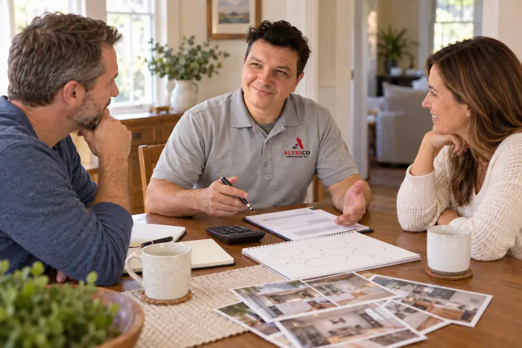 Leo Alves discussing preliminary construction ideas and budget with homeowners