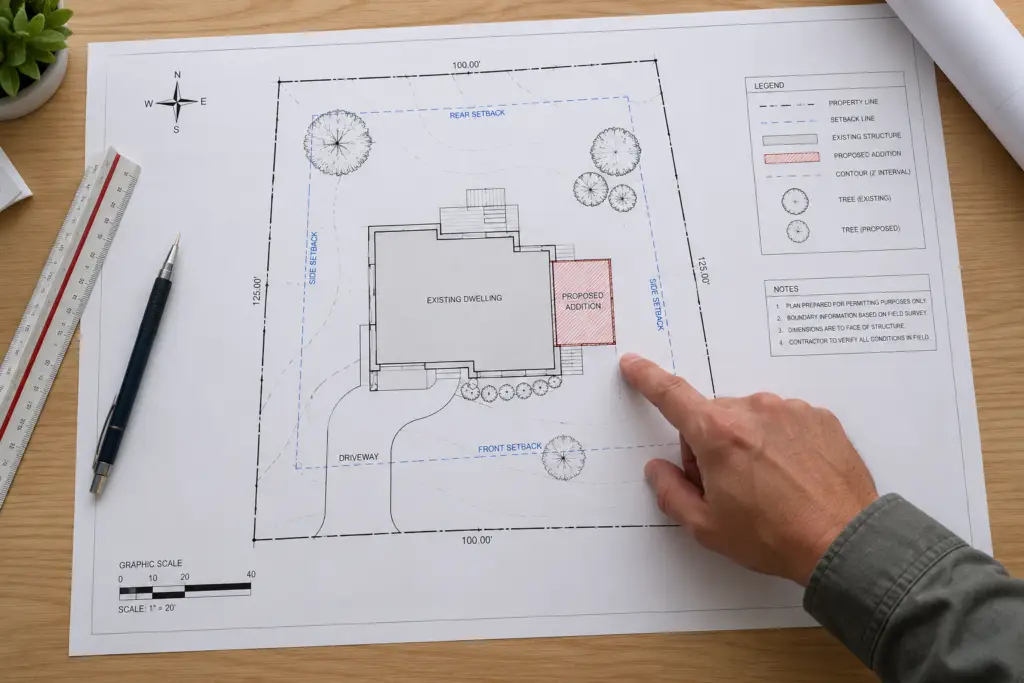 Residential plot plan showing property lines, setbacks, the existing house and a proposed home addition